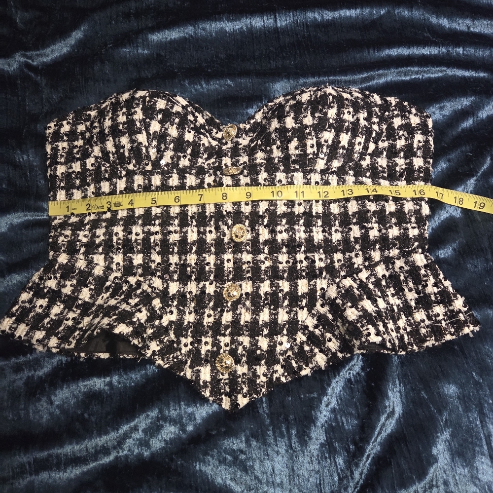 Strapless Houndstooth Black & White Sweetheart Bustier Peplum Top Slight Sequin - Picture 3 of 7